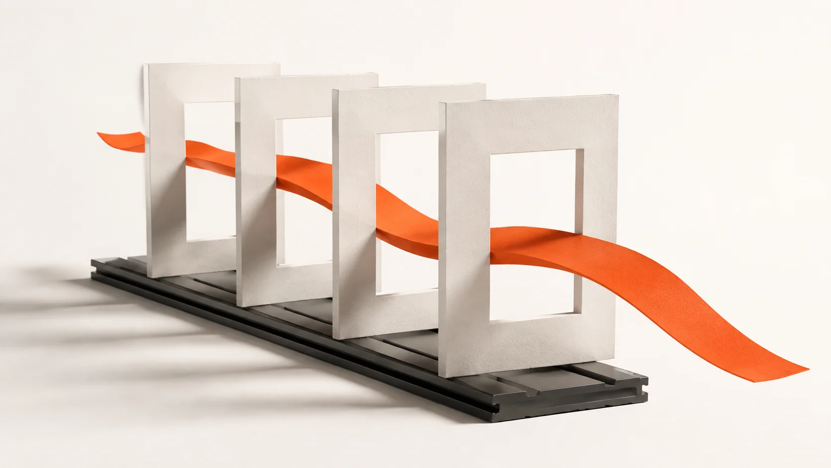 Editorial illustration: four paper frames threaded by an orange ribbon