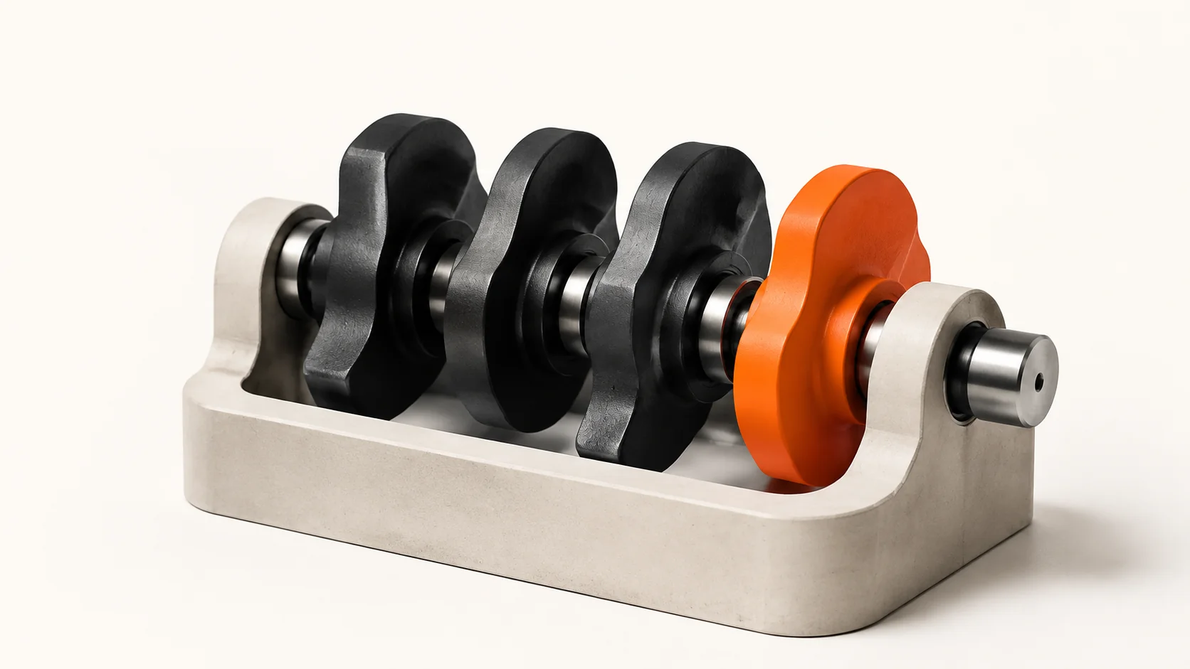 Editorial illustration: a coordinated camshaft assembly with one orange cam