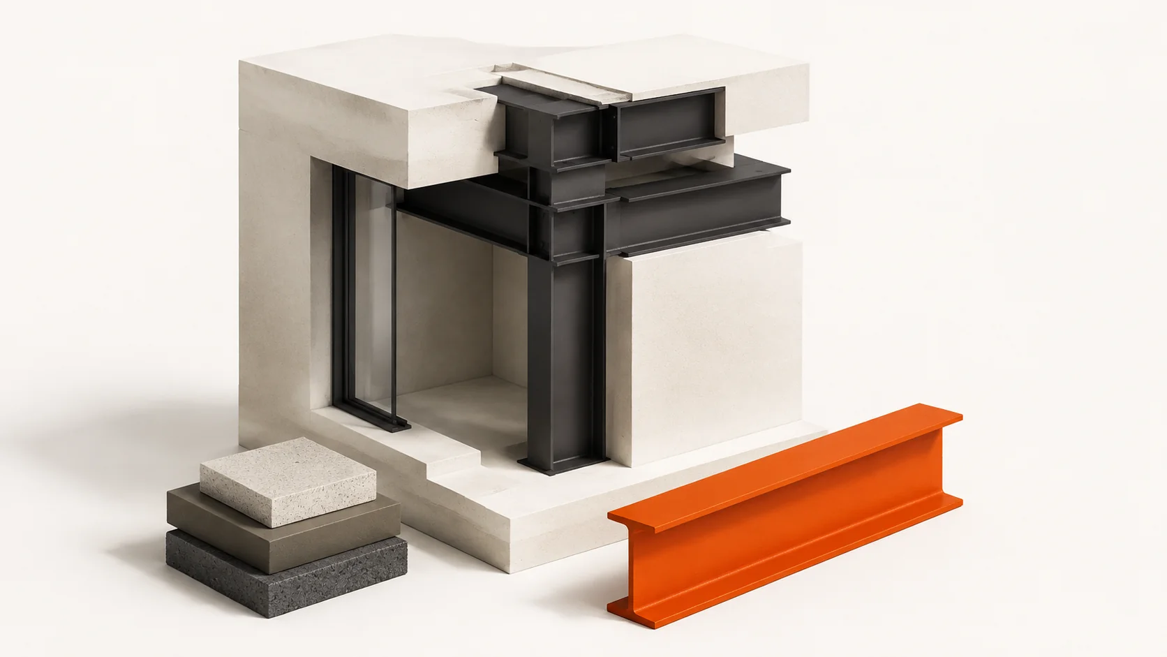 Editorial illustration: an architectural building section with one orange structural beam