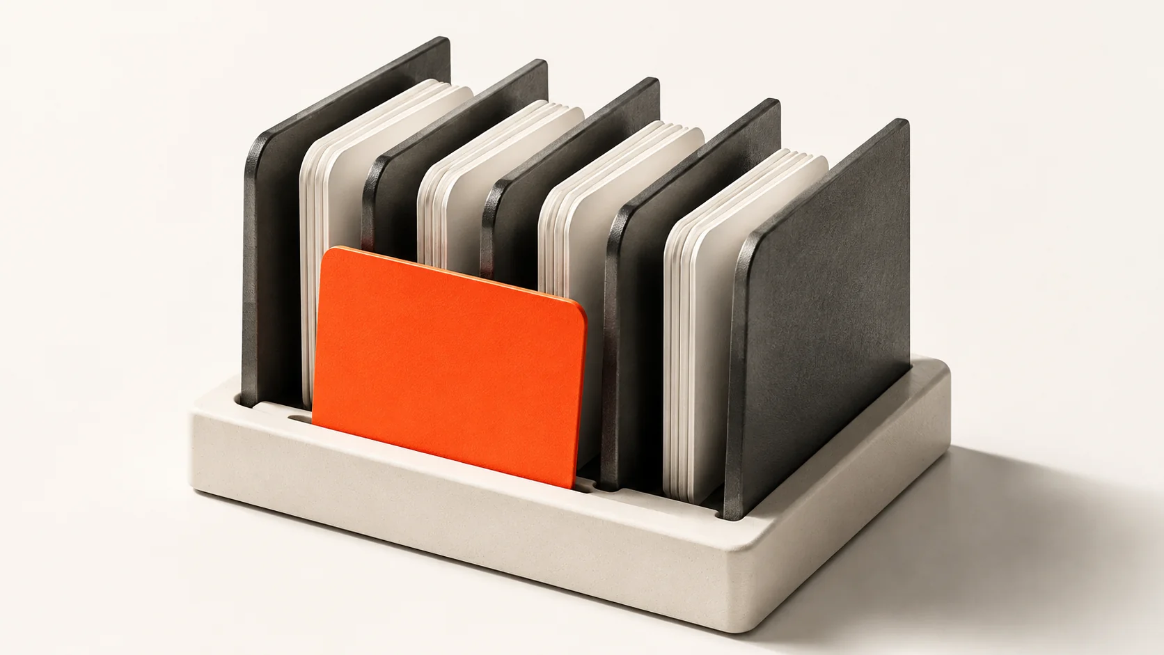 Editorial illustration: an assessment-card organizer with one orange card