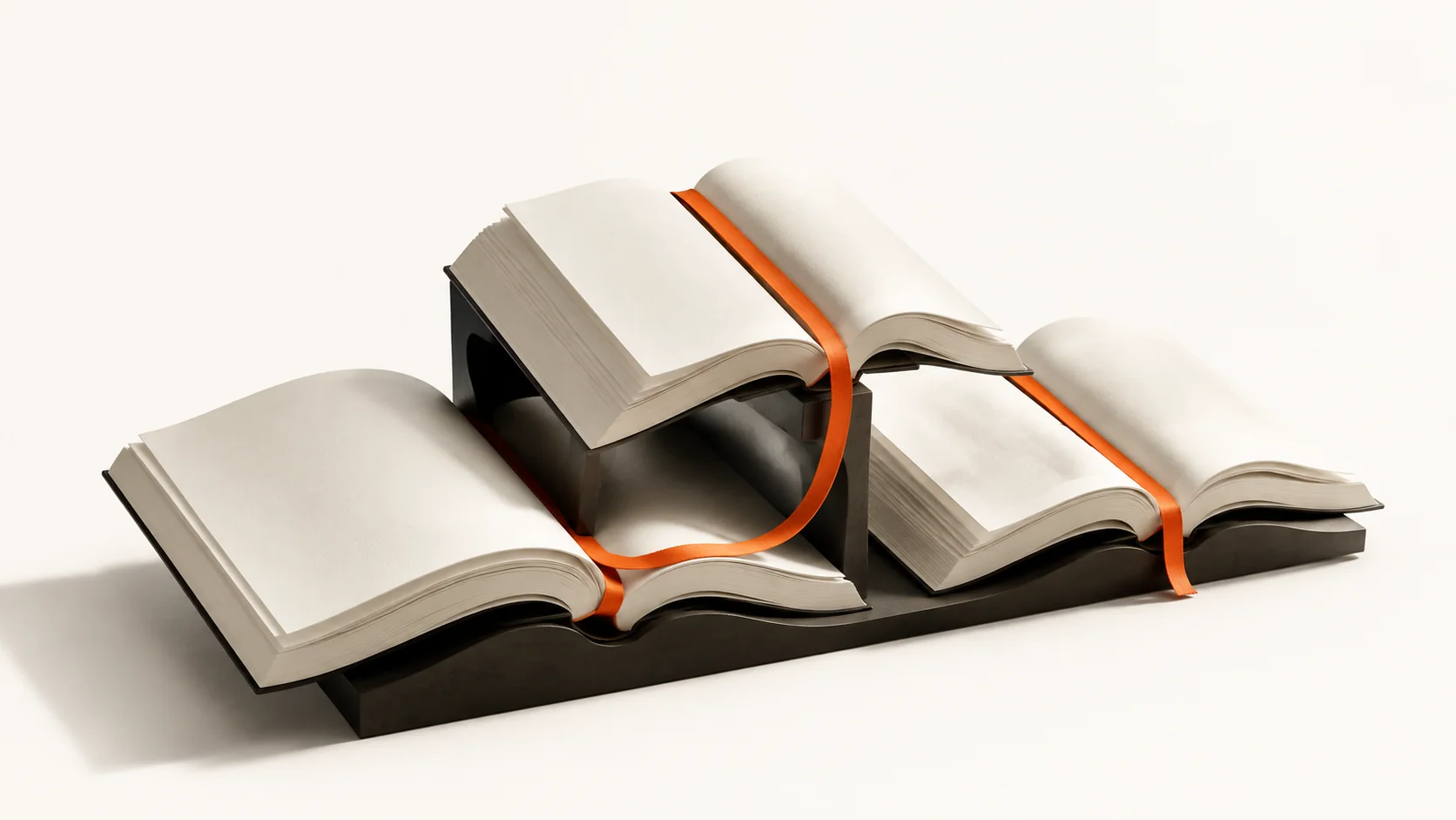 Editorial illustration: open reference books connected by an orange bookmark