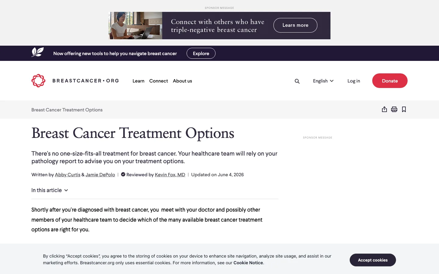 A medically reviewed article page on Breastcancer.org served from the migrated content platform