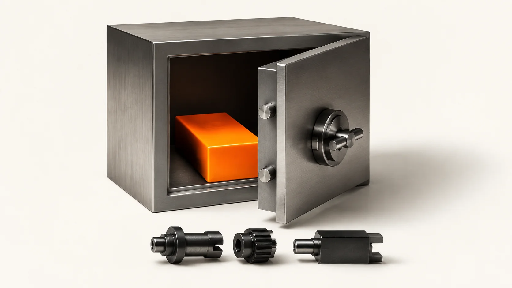 Editorial illustration: a small metal vault with an orange ingot and three key components