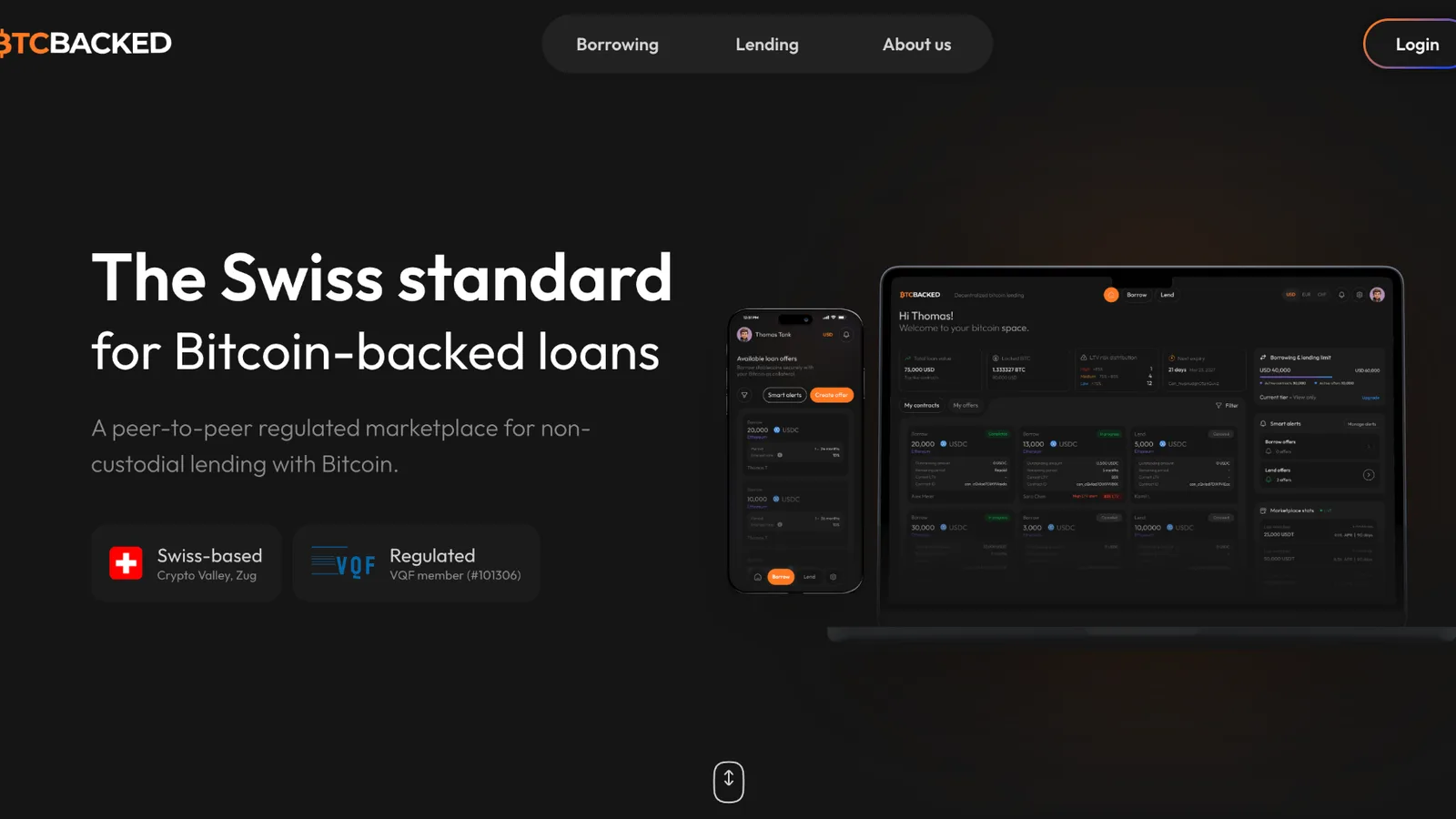 The BTC Backed marketing site: The Swiss standard for Bitcoin-backed loans, a peer-to-peer regulated marketplace for non-custodial lending, with the app shown on a laptop and phone