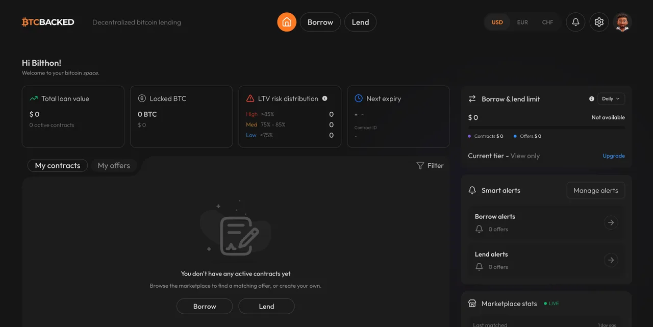 The BTC Backed dashboard showing total loan value, locked BTC, LTV risk distribution, next expiry, borrow and lend limits, and smart alerts