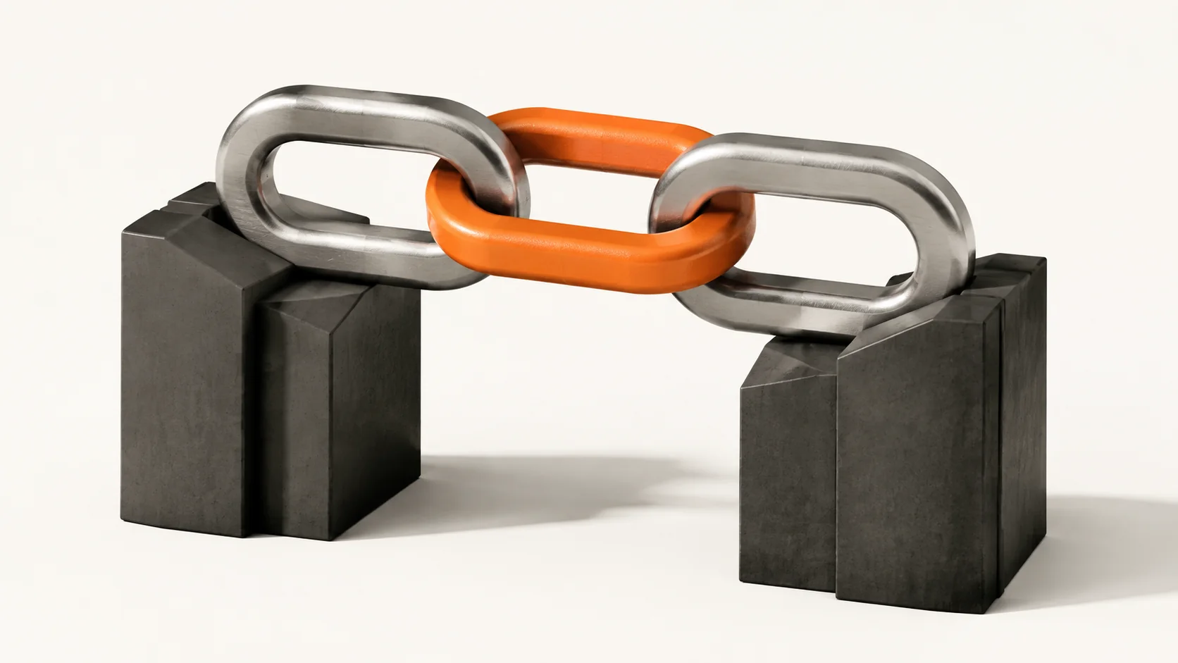 Editorial illustration: metal chain links bridging dark piers with one orange link
