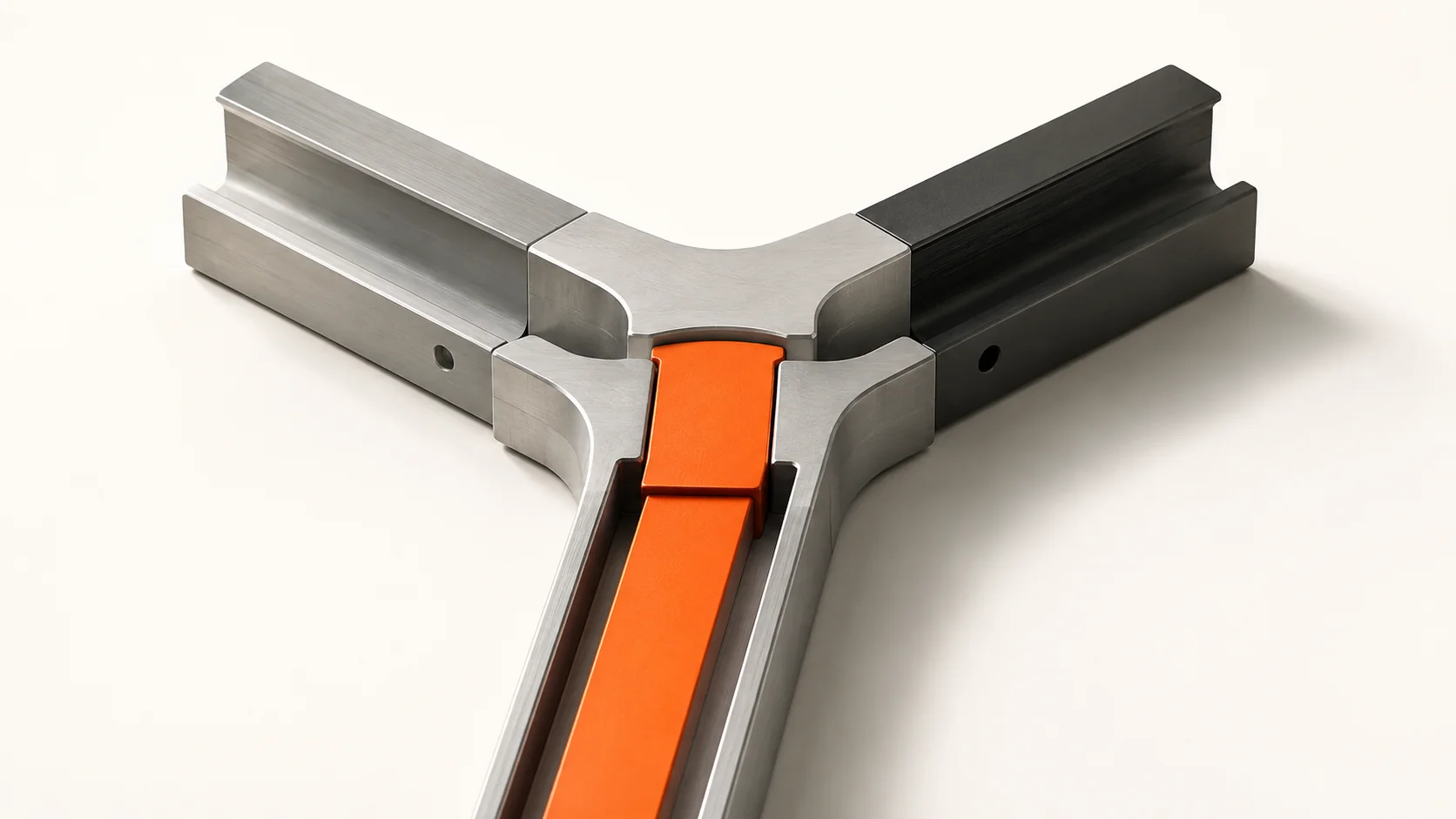 Editorial illustration: three metal channels meeting around an orange insert