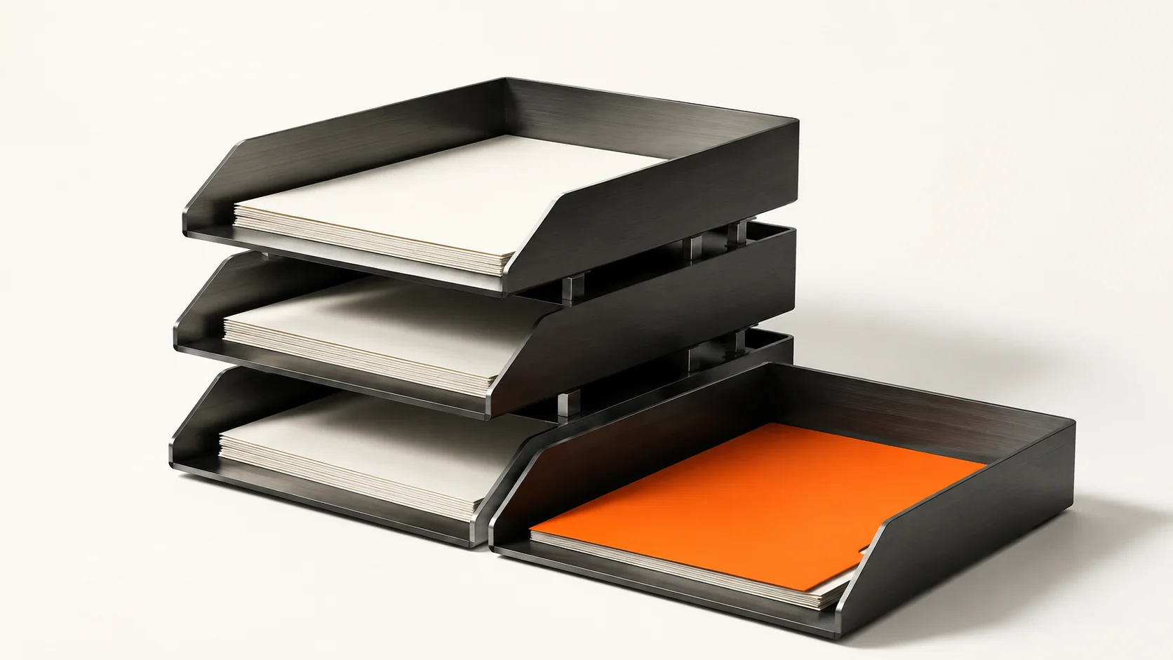 Editorial illustration: charcoal document trays with one orange folder