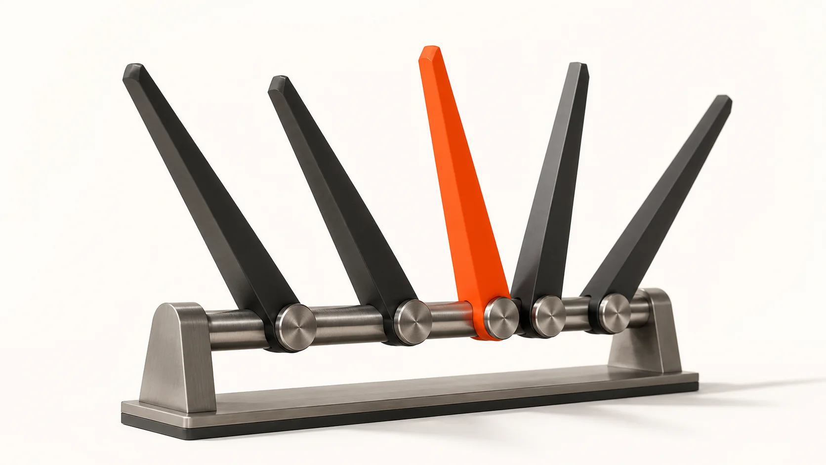 Editorial illustration: a coordinated mechanical timing assembly with one orange arm