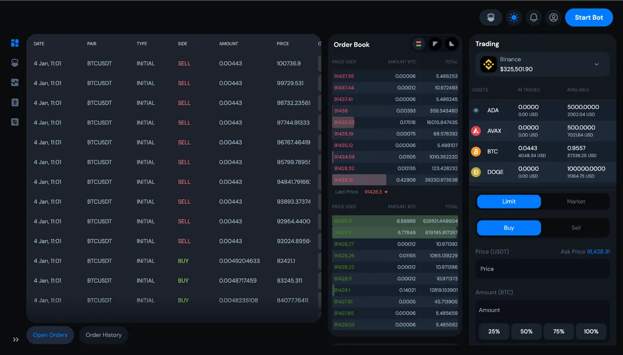 Crypto Trading Platform — live trading and performance view showing bots executing orders against the market and their results over time