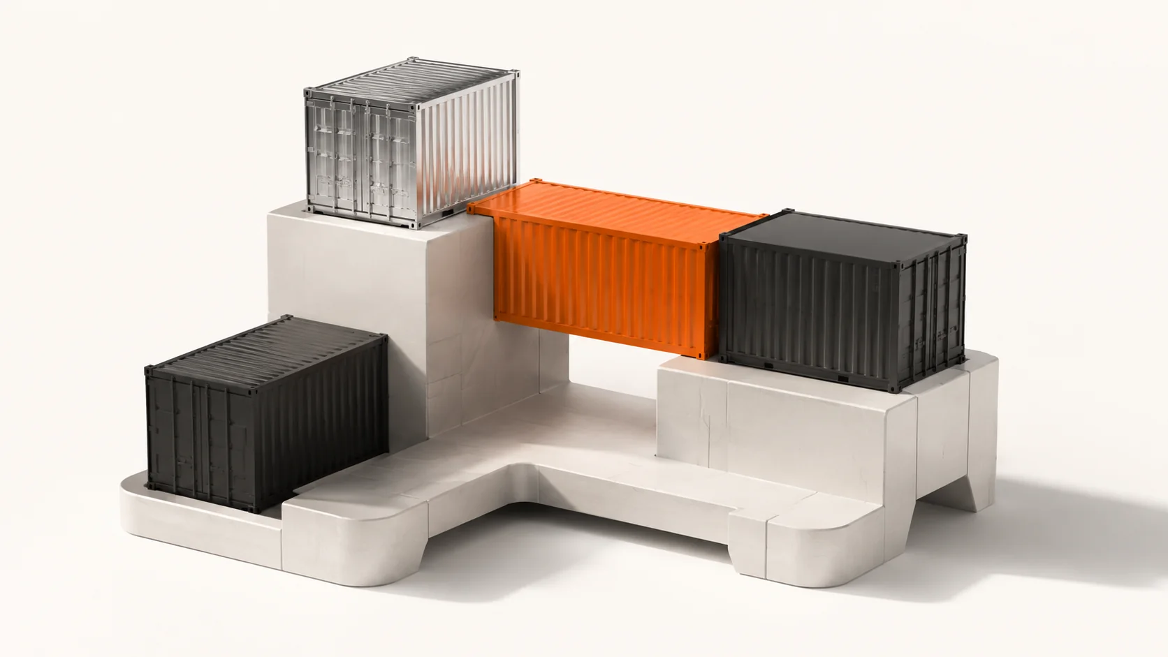Editorial illustration: freight-container forms joined by an orange container