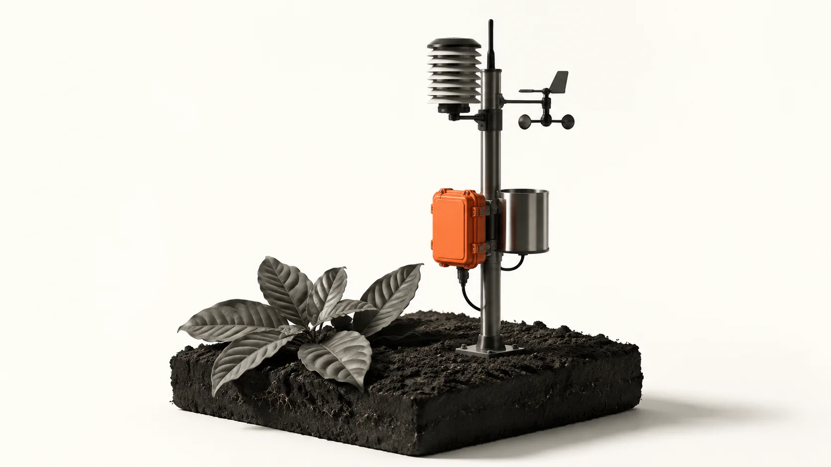 Editorial illustration: a field-sensor mast on soil with an orange sensor housing