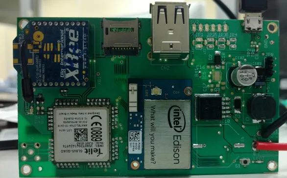 The DrFarm gateway board with XBee mesh radio, cellular modem and Intel Edison