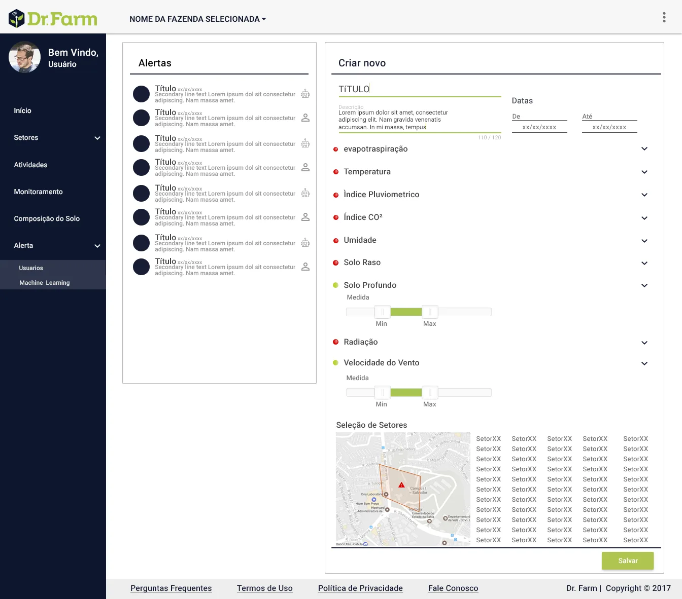 DrFarm product design showing threshold alerts by metric and farm sector