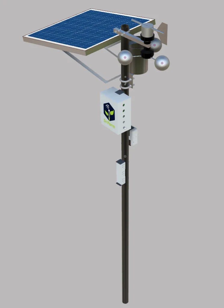 Design render of a DrFarm sensor tower with solar panel, anemometer, rain gauge and capsule enclosure