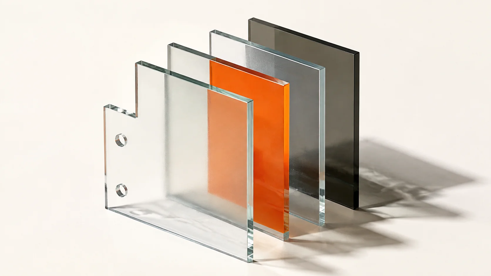 Editorial illustration: precision-cut glass panes with a single orange layer