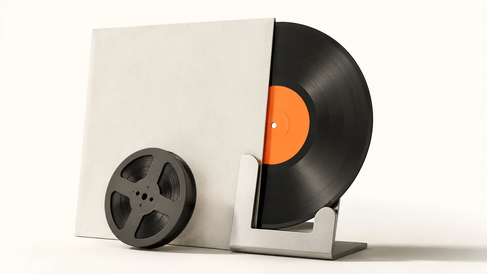 Editorial illustration: a vinyl record with an orange center label in an ivory sleeve