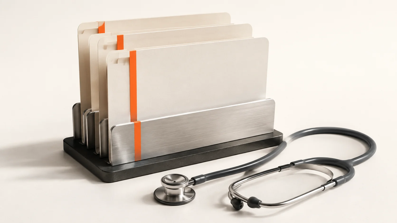 Editorial illustration: medical-record folders and a stethoscope aligned by an orange spine