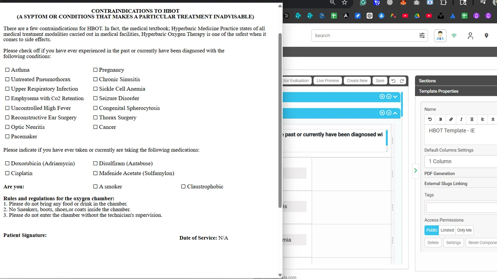 Healthcare Operations Platform — the clinical template builder in the platform, with a drag-and-drop form canvas and configurable components, shown with test data