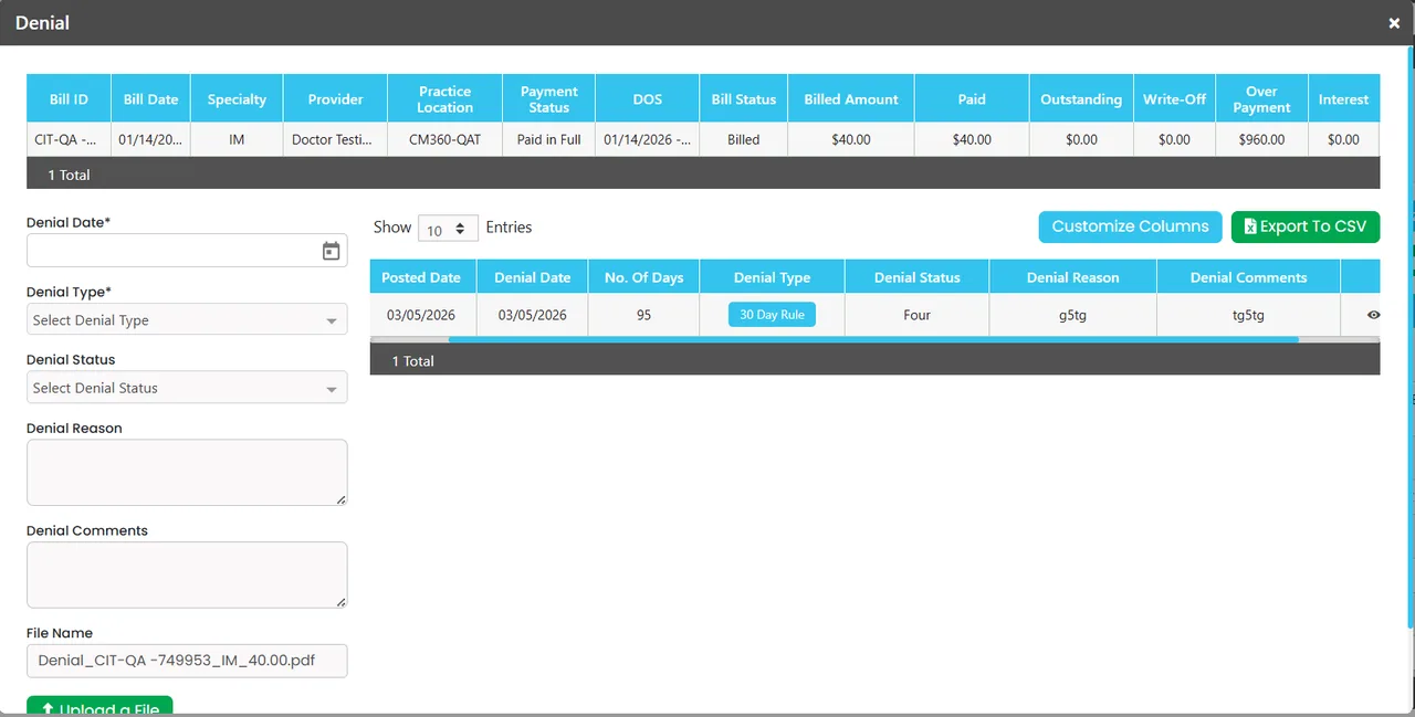 Healthcare Operations Platform — the billing and claims dashboard, tracking claim status and reimbursement progress across payers, shown with test data