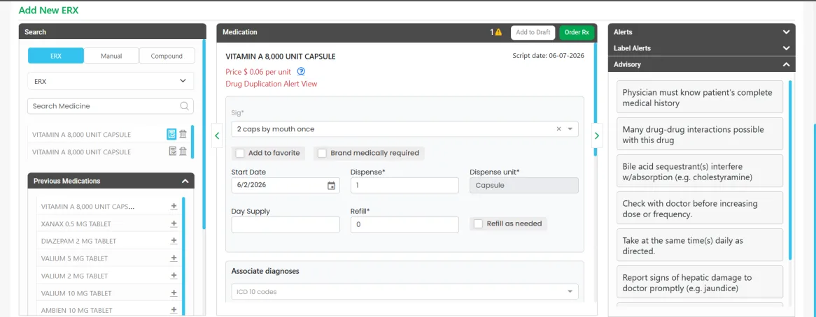 Healthcare Operations Platform — electronic prescribing in the EHR, with pharmacy selection, a drug-interaction alert, and final approval gated by two-factor authentication, shown with test data
