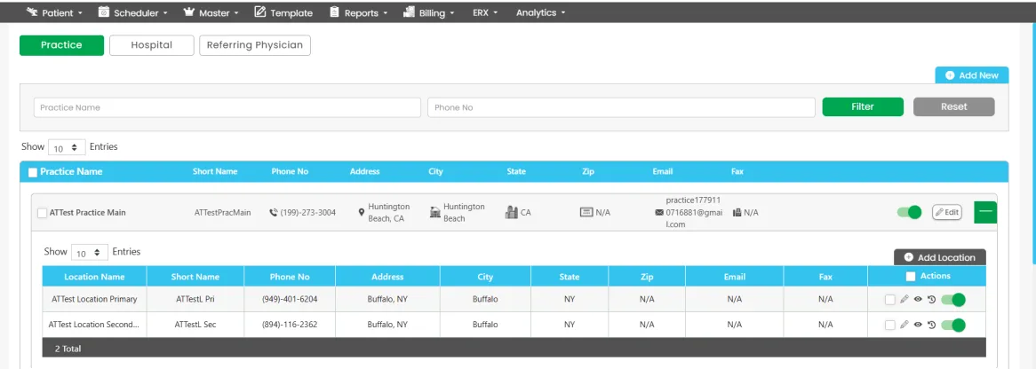 Healthcare Operations Platform — the practice management view, configuring multiple practices and locations with providers, departments and location-specific settings, shown with test data