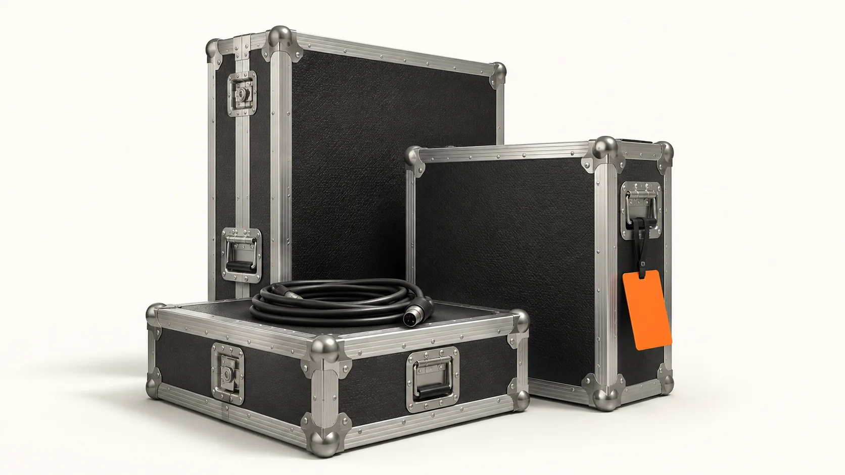 Editorial illustration: black AV flight cases, a coiled cable and an orange crew pass