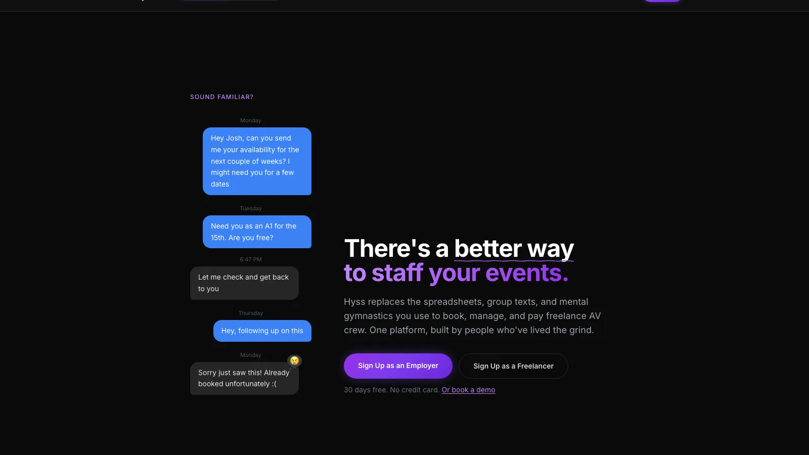 HYSS, a platform for booking, scheduling and paying freelance AV crew