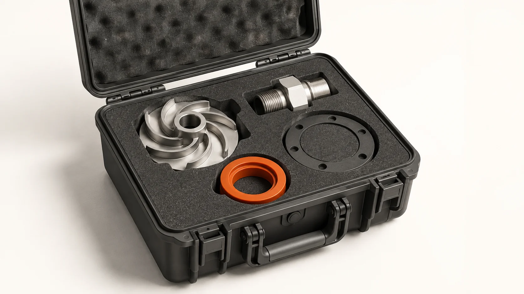 Editorial illustration: pump parts fitted into a service case with an orange seal