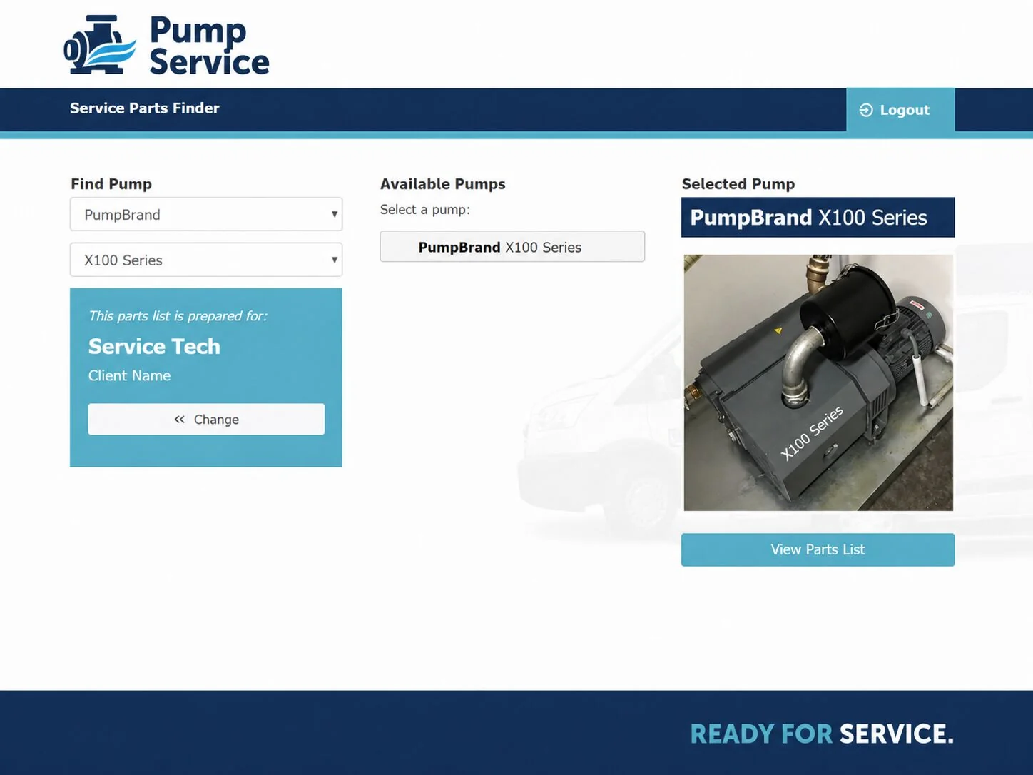 A technician selects the pump before building a service list