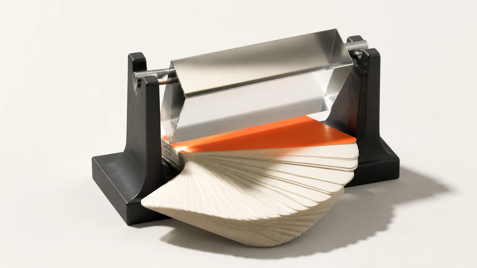 Editorial illustration: an optical prism above research cards with one orange card