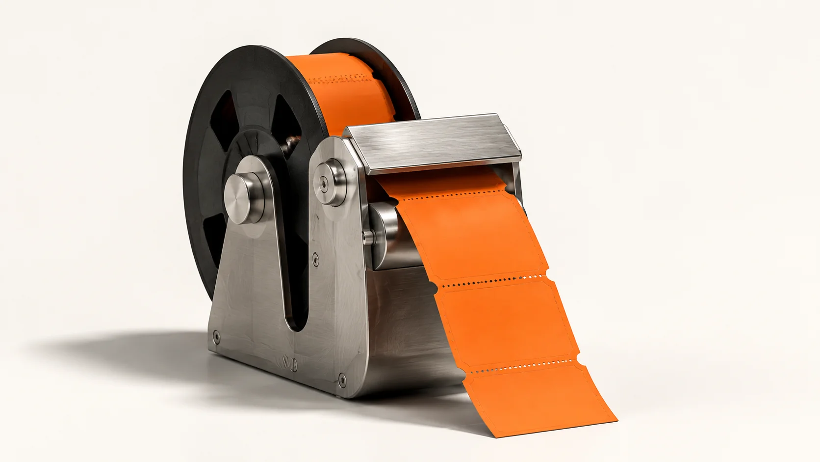 Editorial illustration: a metal ticket mechanism feeding a blank orange ticket strip