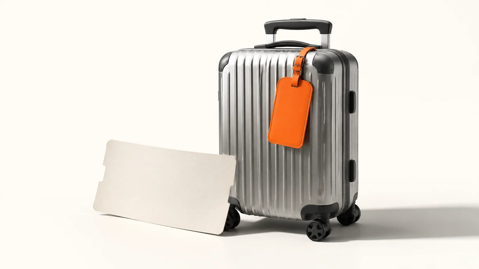 Editorial illustration: a silver suitcase with an orange luggage tag