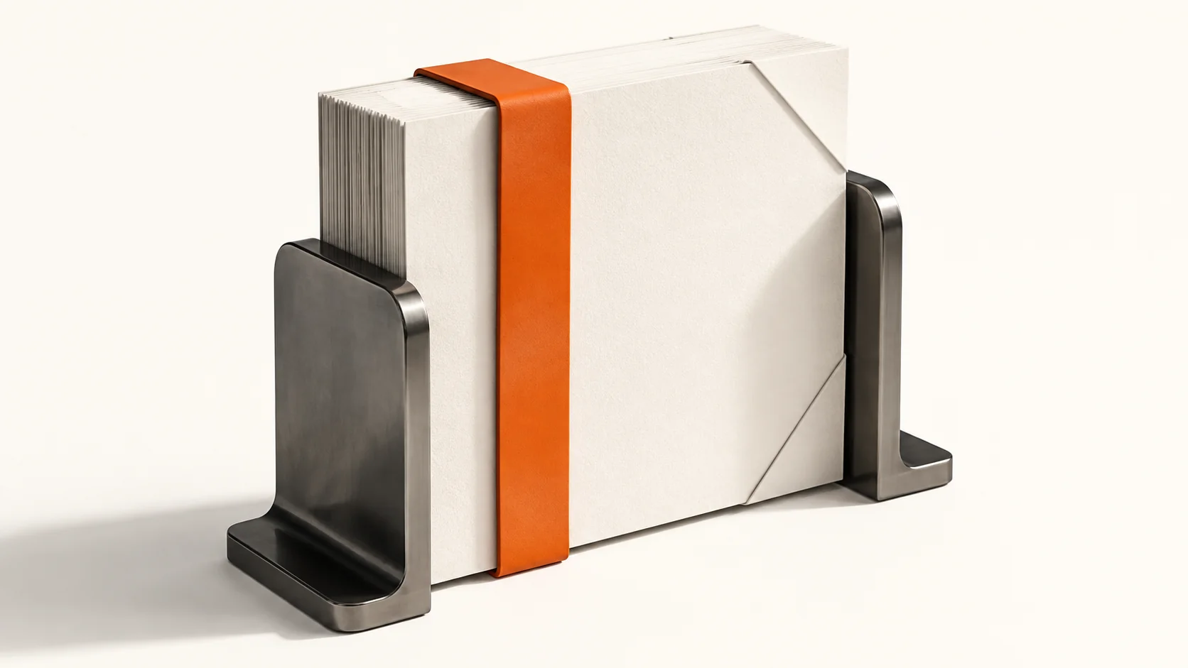 Editorial illustration: blank contract papers held by charcoal bookends and an orange binding strip