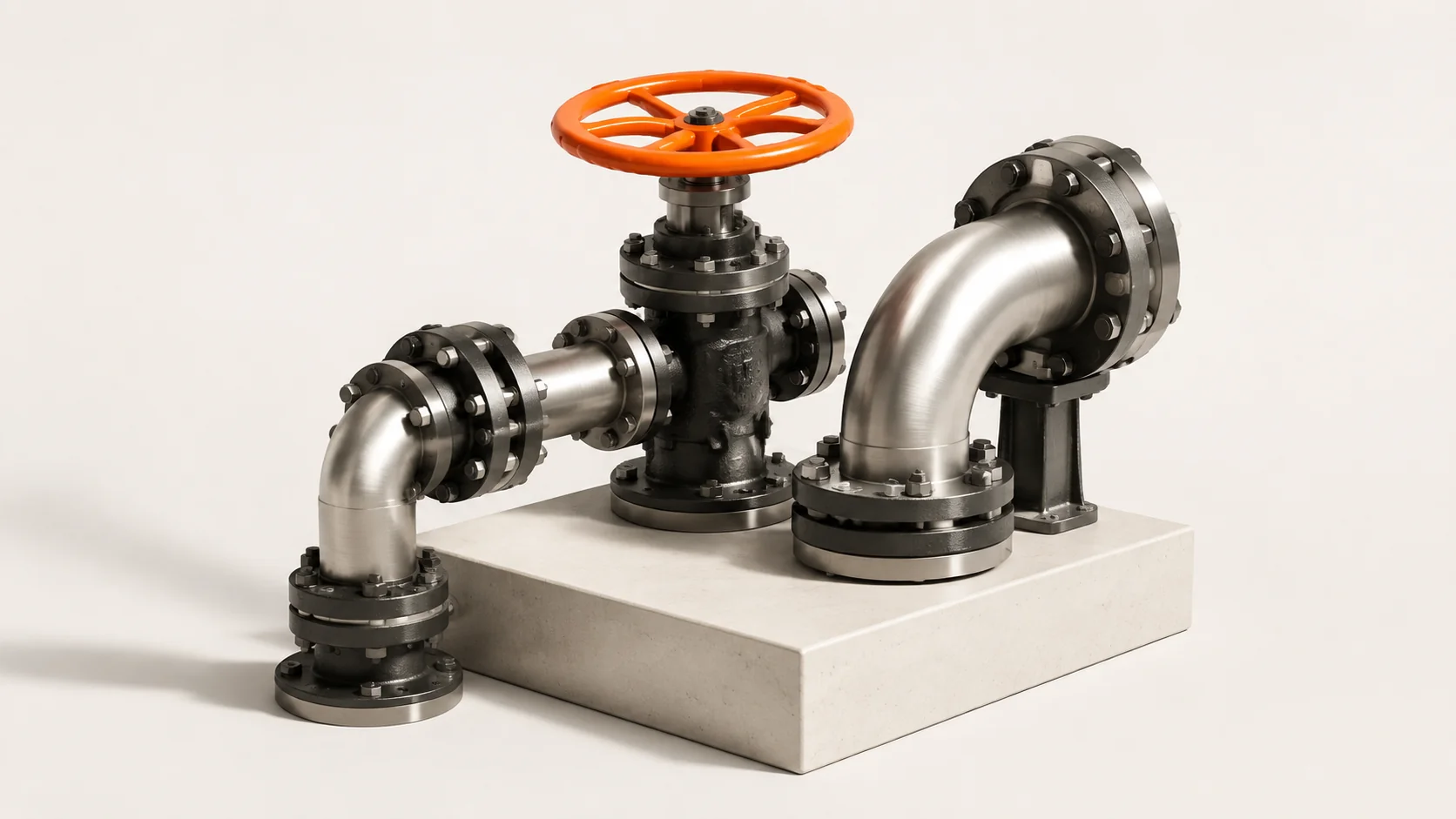 Editorial illustration: an industrial pipe assembly with an orange valve wheel