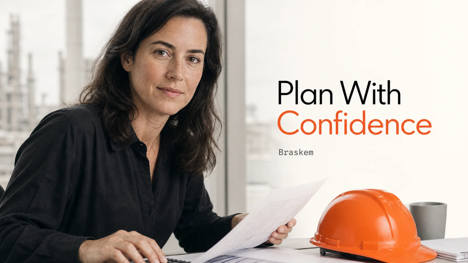 An industrial cost planner reviewing a projection beside an orange hard hat