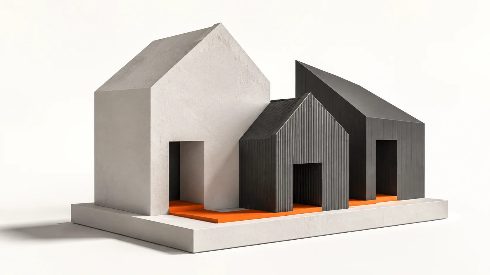 Editorial illustration: architectural house models joined by one orange threshold
