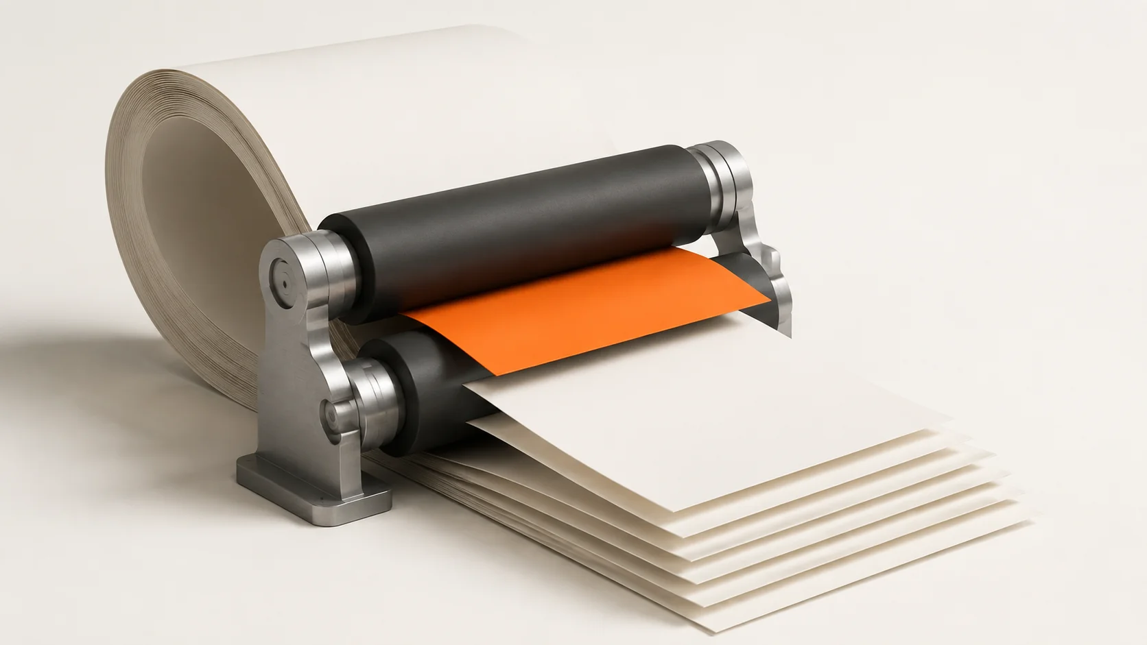 Editorial illustration: blank billing sheets moving through dark rollers with one orange sheet
