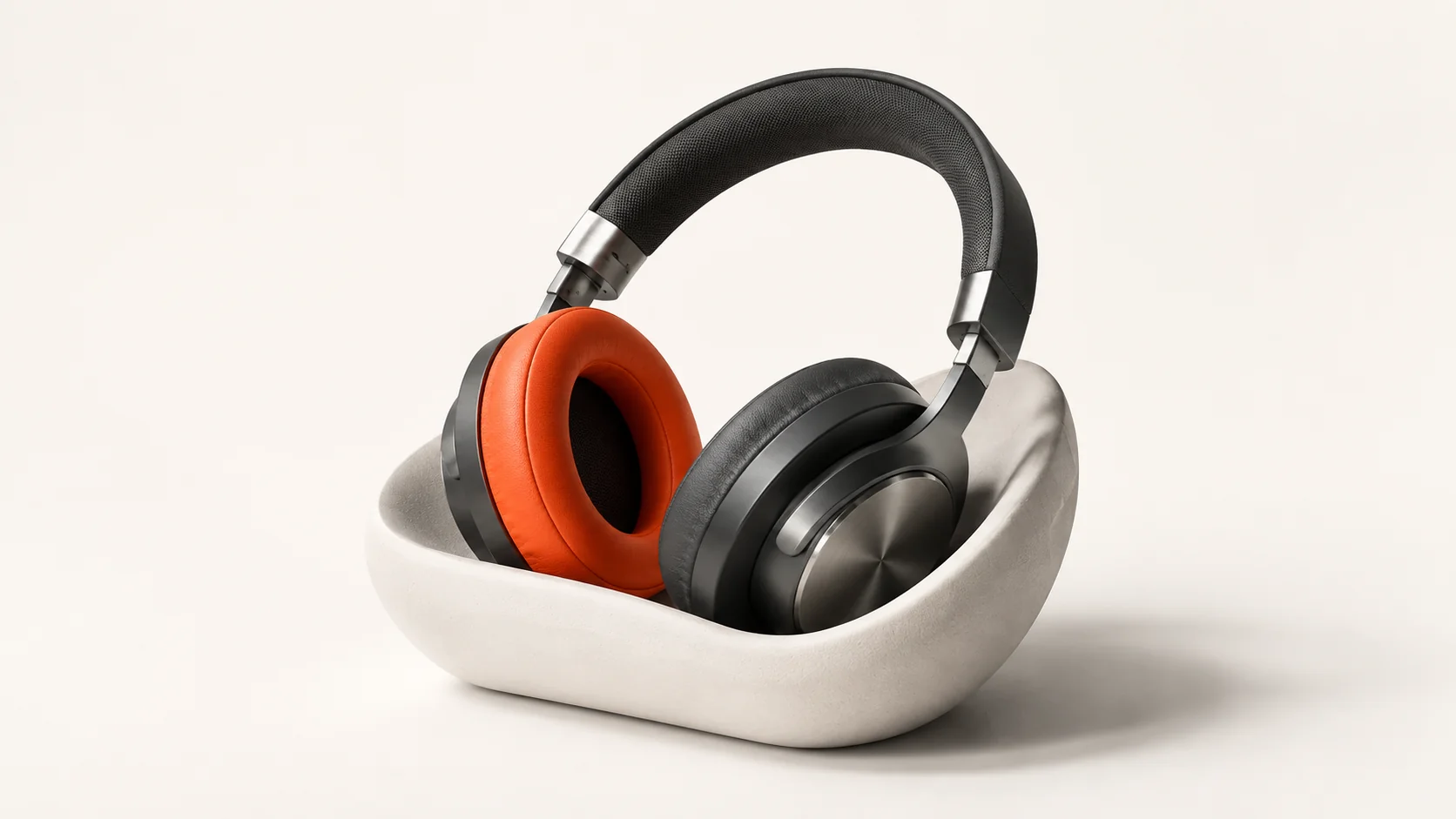Editorial illustration: charcoal headphones with one orange ear cushion