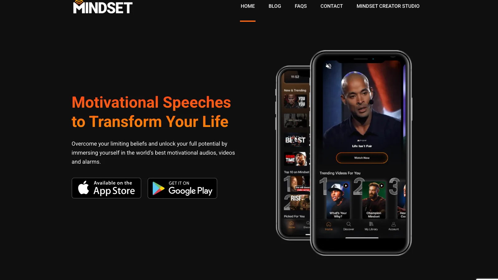The Mindset marketing site showing the daily-motivation app, with a phone running the audio library beside the headline and download buttons