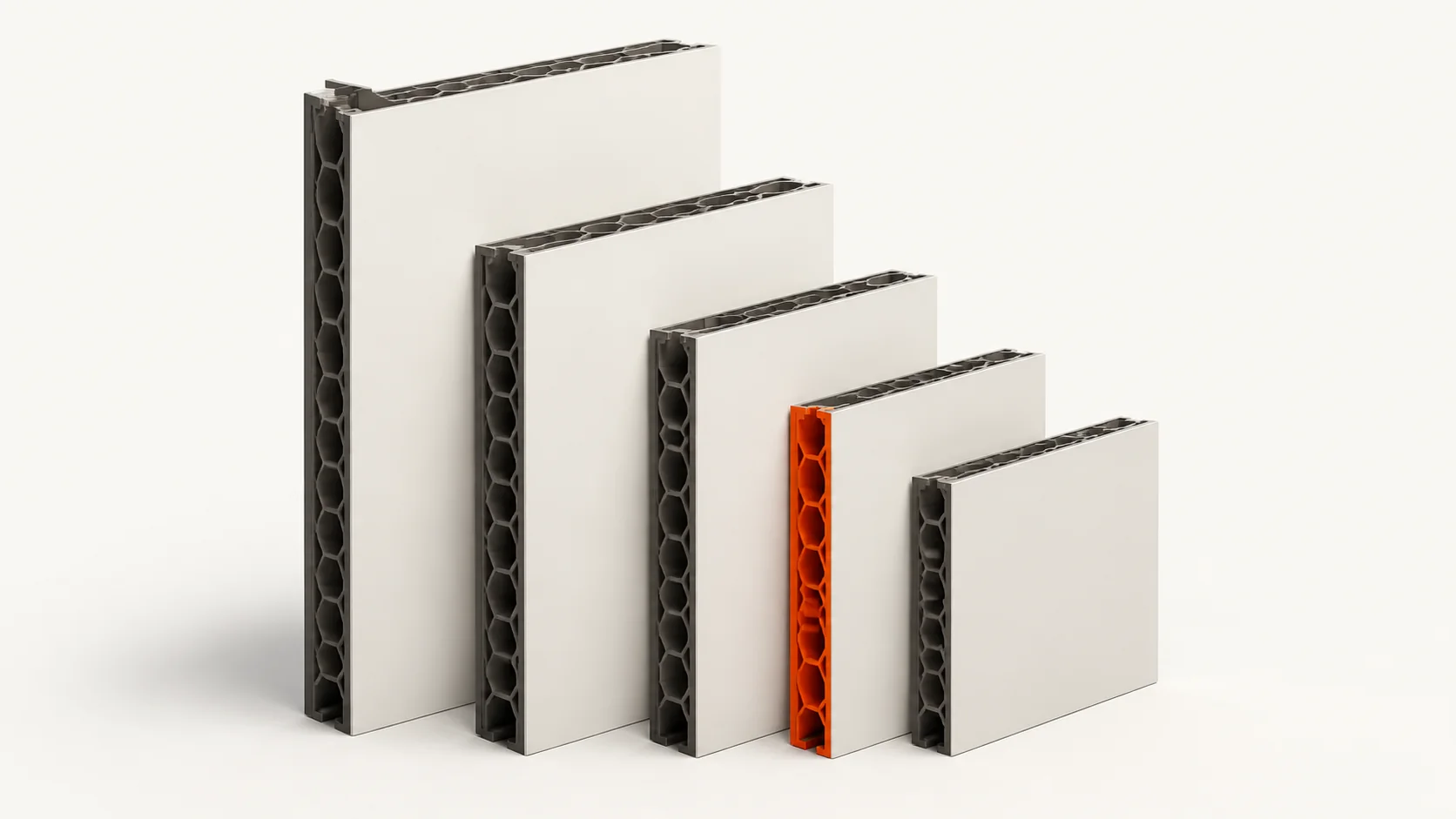 Editorial illustration: precision-cut PVC panel profiles with an orange insert
