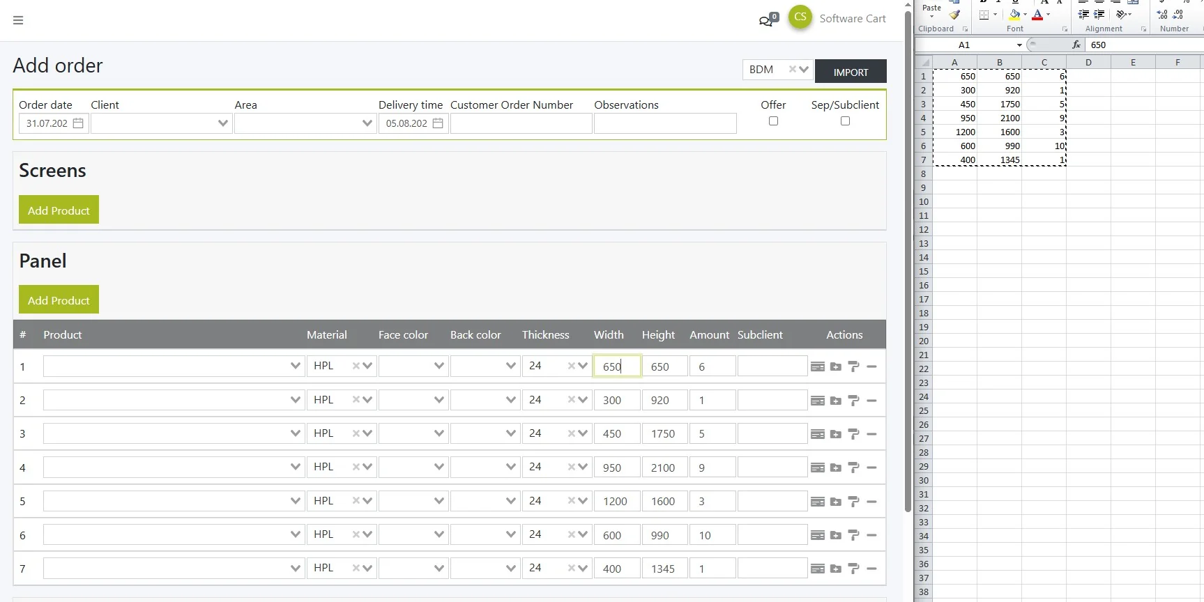 Bulk order data pasted from Excel into the manufacturing platform
