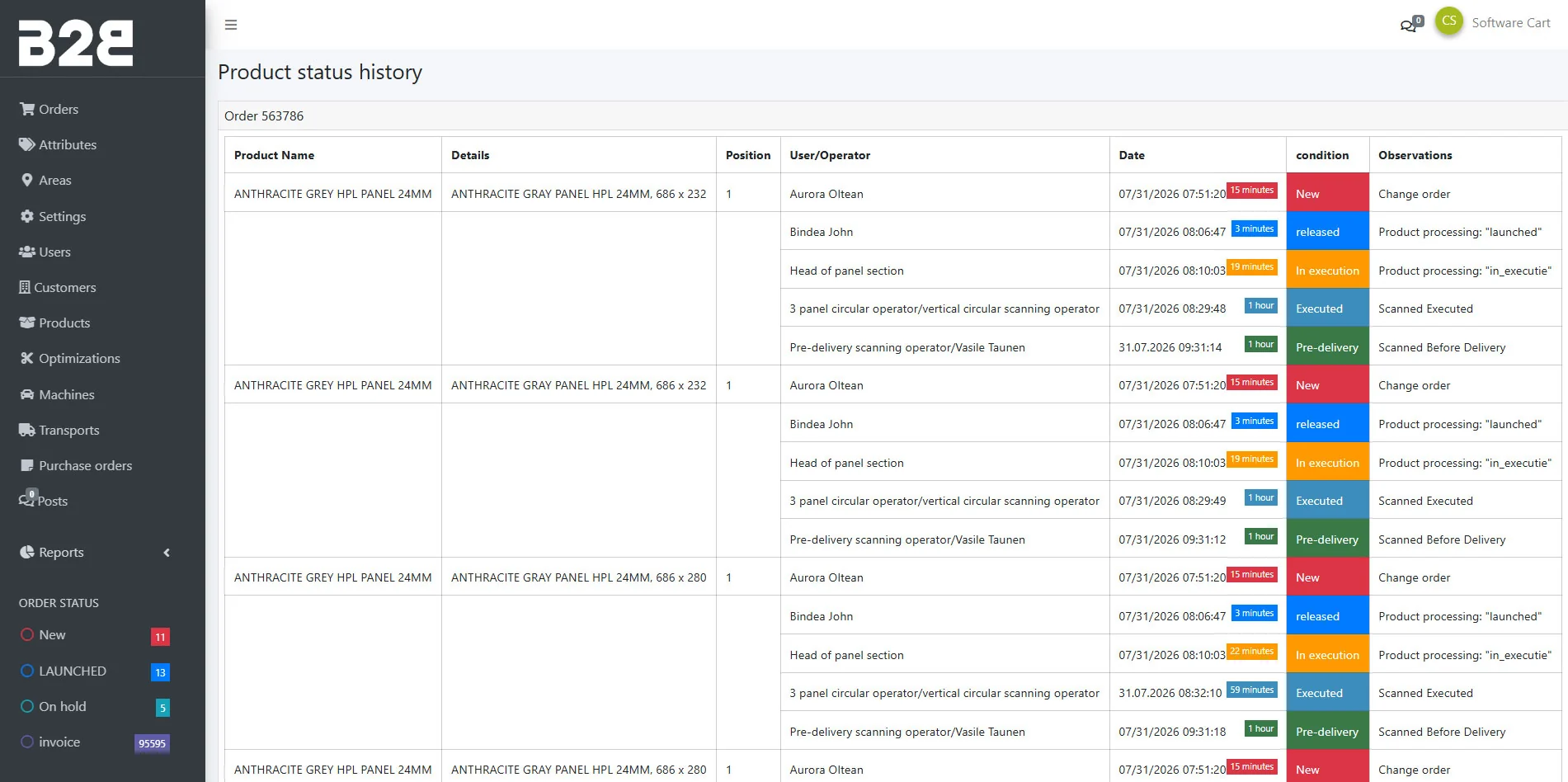 Production status history visible across factory stages