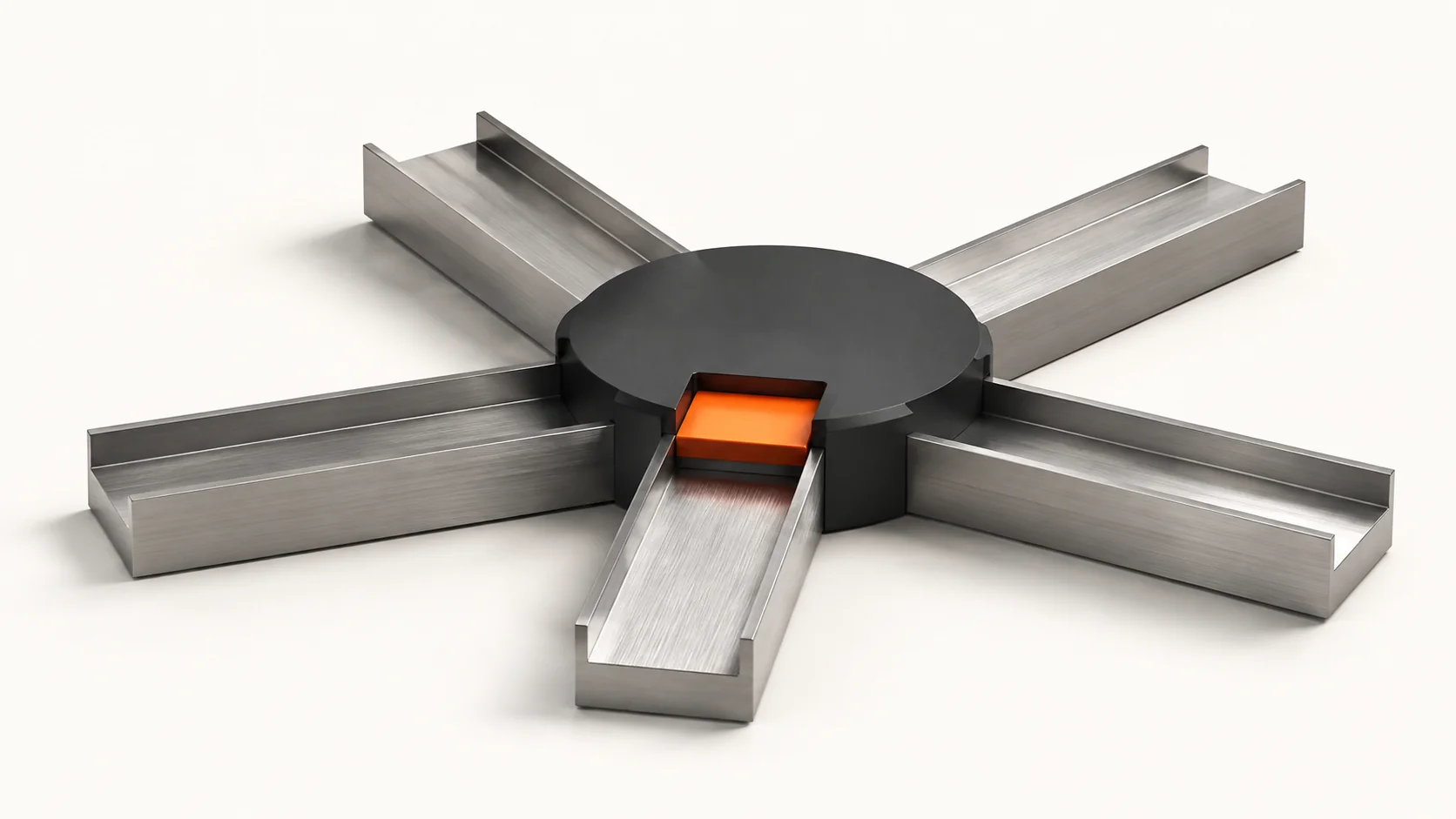 Editorial illustration: five metal channels meeting at a hub with an orange token
