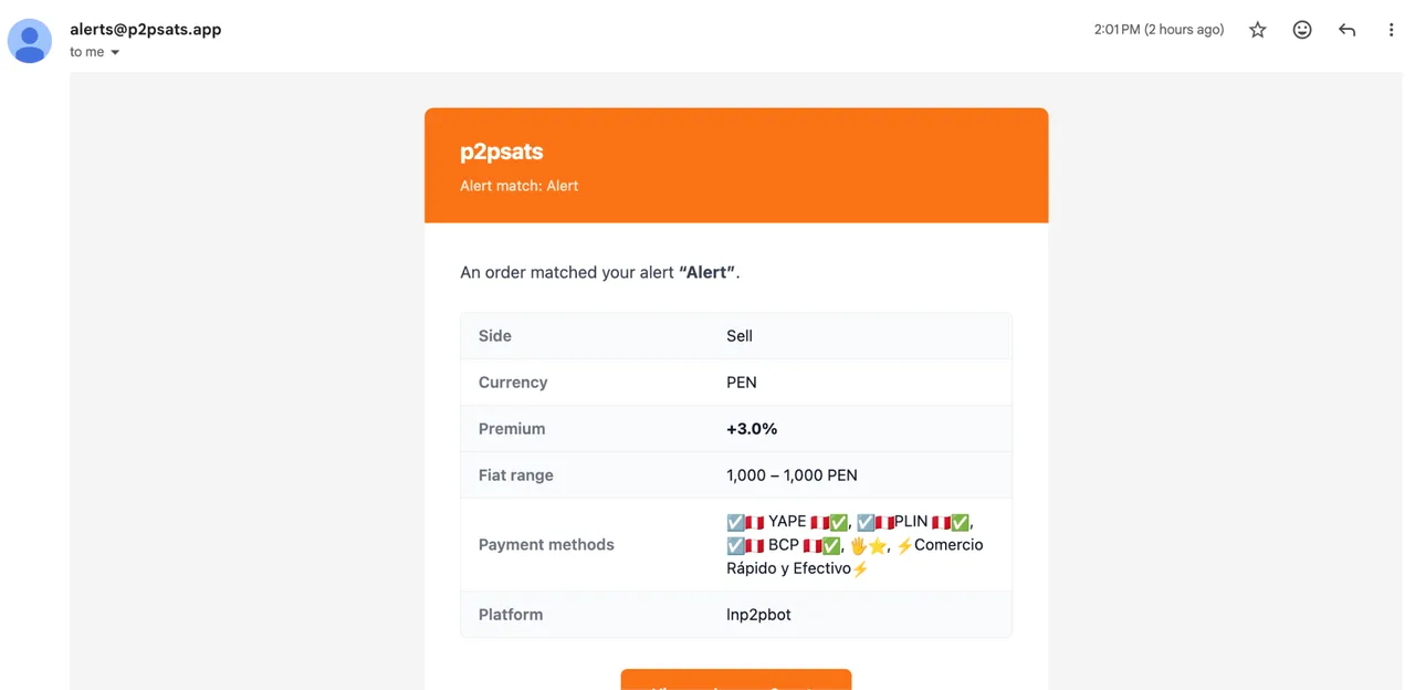 An alert email from P2P Sats describing a matched offer: side, currency, premium, fiat range and payment methods