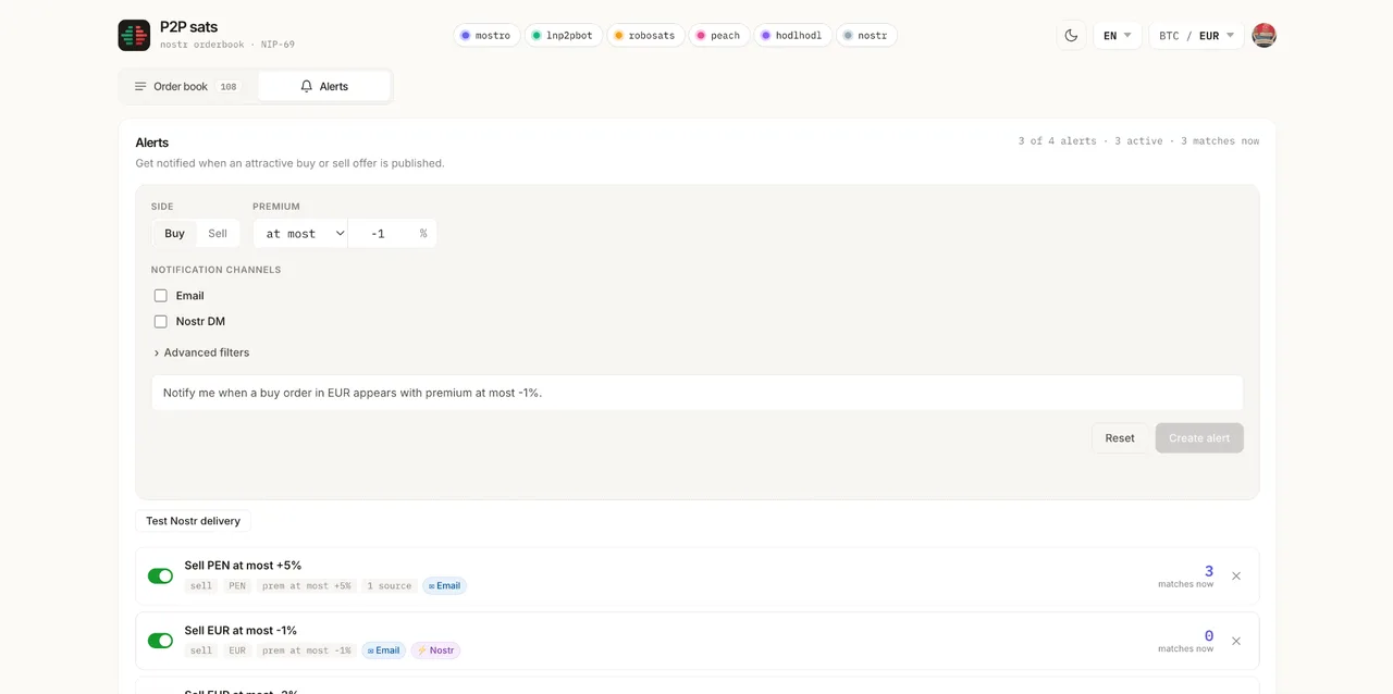 The P2P Sats alert builder: choose a side, currency and premium, then pick email or nostr DM delivery