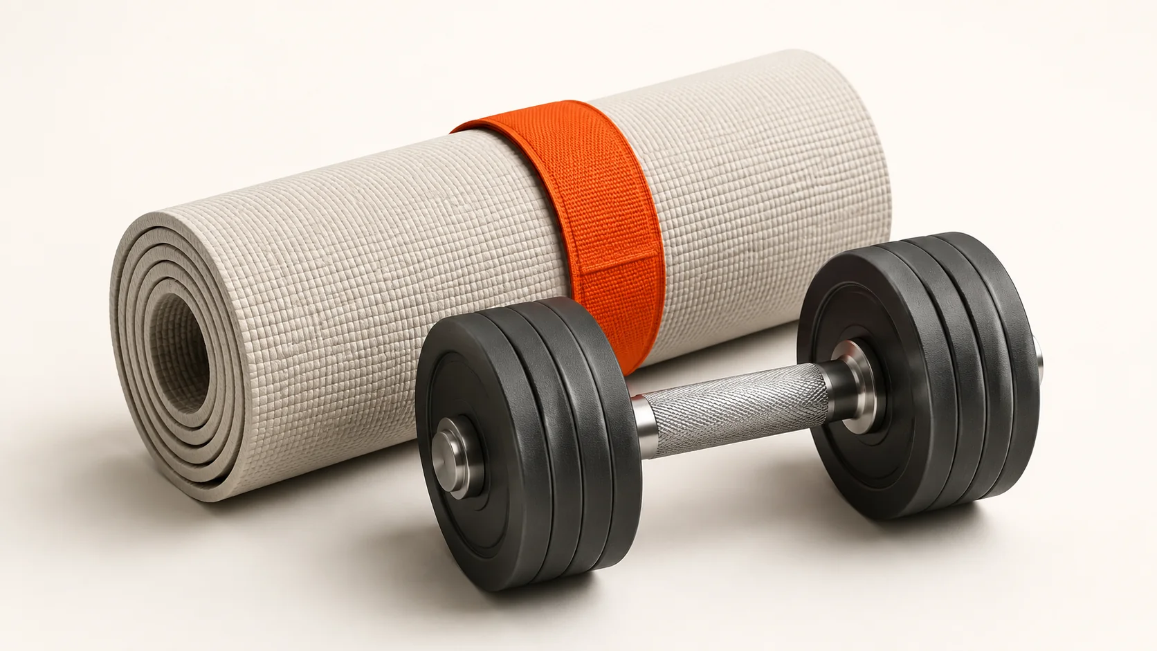 Editorial illustration: a dumbbell and rolled exercise mat with an orange strap