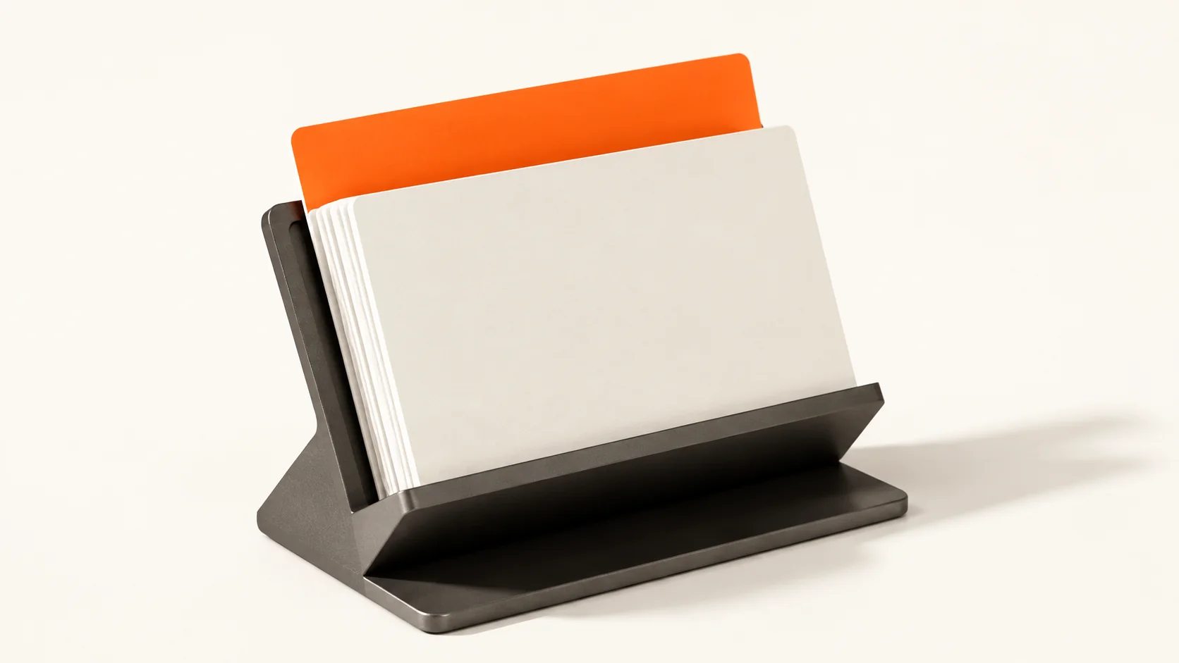 Editorial illustration: presentation cards in a charcoal stand with an orange divider