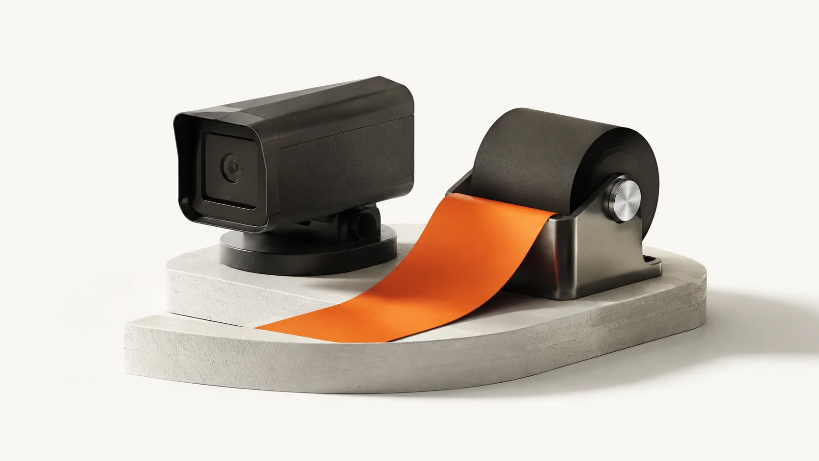 Editorial illustration: a retail camera and receipt roller connected by an orange paper strip