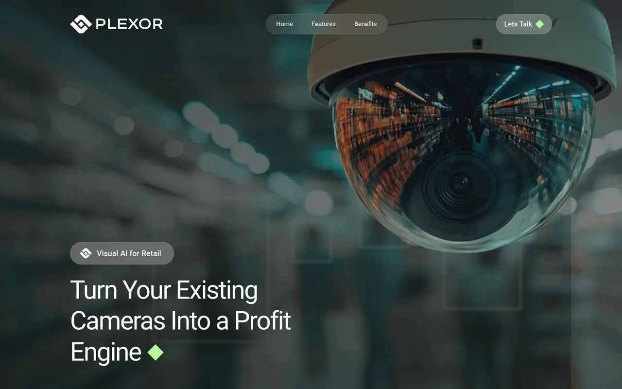 The PLEXOR product homepage showing live retail intelligence: theft, performance and safety events surfaced from store cameras
